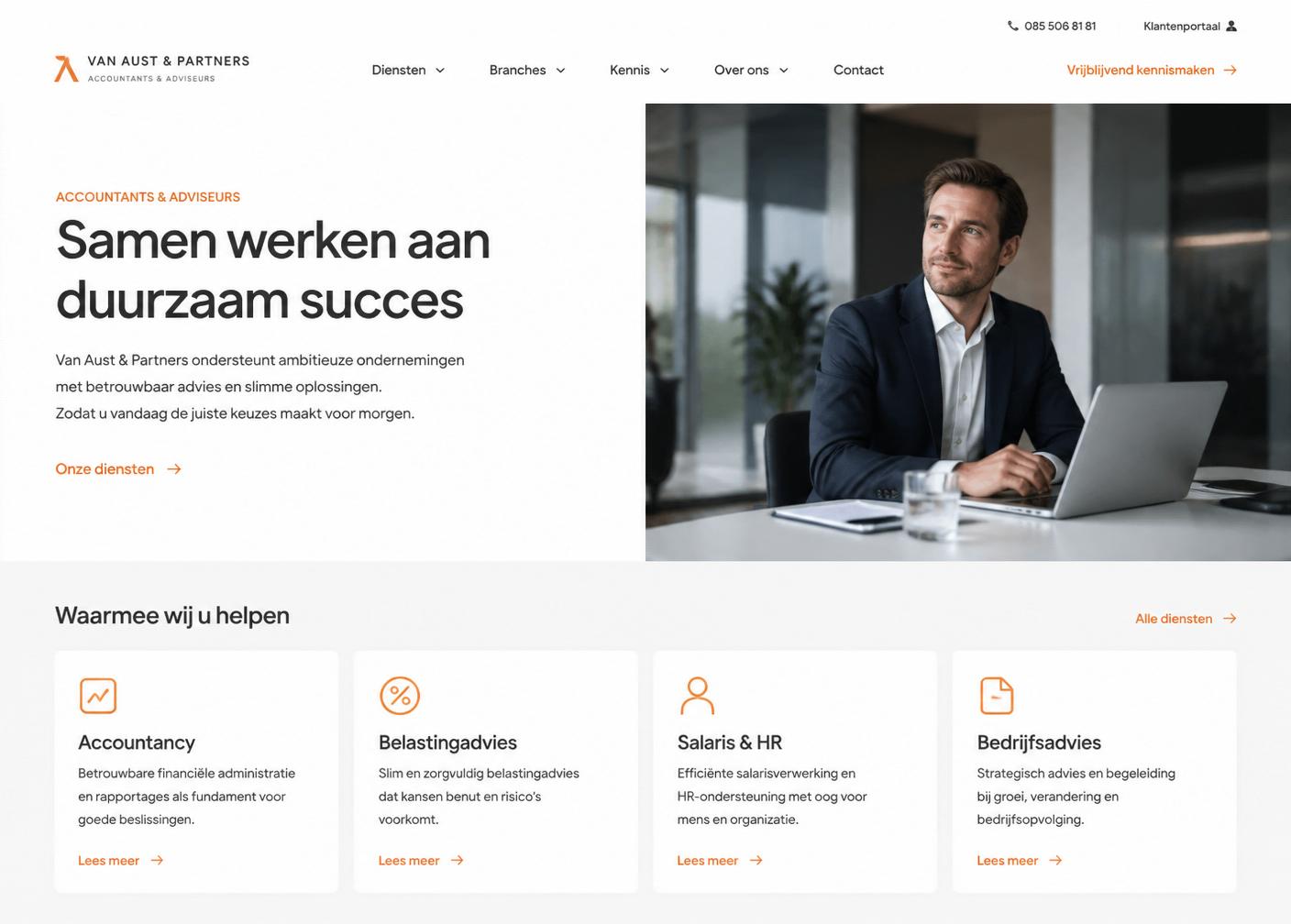 Screenshot van de website van Van Aust & Partners